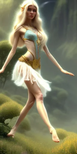 A long shot, Cute female elven adventurer bringing blonde long hairs dressed in a light sundress and with bare feet on the floor, posing frontally, in style of Cedric Peyravernay Art, microdetails, ultradetailed --ar 2:3 --beta --upbeta