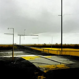 Minimal abstract oil paintings desolate 1960s carpark concrete fragments. Yellow road markings. style of Justin Mortimer and Phil Hale.