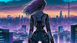 Clear Focus, High resolution, Beautiful girl standing backwards to a Cyberpunk skyline, comic style