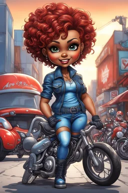 airbrush illustration of the chibi cartoon character, a voluptuous black female in a blue jean outfit with biker boots. Her prominent makeup and hazel eyes, along with her detailed red pixie haircut, are featured in this image, set against the background of a lively bike show.