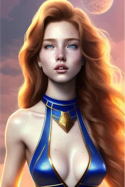 concept illustration, ultra-realistic, super-detailed, strikingly beautiful teen female, 16 years old, long ginger hair, medium freckles, full lips, full body, full face, b-cup breasts, athletic, centred camera, ignore NSFW, skimpy brown armor, halter top, thong, stern expression