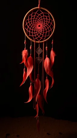 a dreamcatcher made of light, natural red/brown tones, brown dirt ground long bottom, dark background