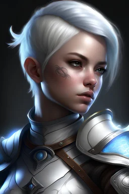 create a young female air genasi from dungeons and dragons, white short hair, undercut, light blue eyes, wind like hair, wearing leather armor that also looks studded, light blue skin, realistic, digital art, high resolution, strong lighting