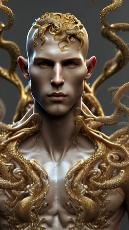 photo realistic youthful male Dryad , handsome, shaved head, cheek bones, soft gold eyes, great physique, full body, octane render, filigree, raised detail, shiny metalics, high resolution, insane details, realism, shiny 3d intricate octopus bracelets, shiny 3d intricate octopus necklace, textured, raised details, shiny metalics, radiant, faberge style, very detailed, shadows, backlit, depth of field, 8k