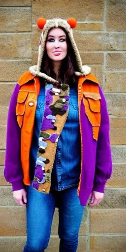 Brunette woman.thick thighs,thick calves,normal bodytype. big head. Mantle is sewed of upcycled Denim and sewed together of camouflage pieces. Colors are orange,red, cream and purple and various denim colors. It is with big bright purple felt tippet and cream-colored-hood. mantle is merged with satchel, ochre. AKG-style headphones (gold rings!) is merged with small felt cap with visor. Style: Haute Couture in 1950's, N.Y.C fashion in 2024, inspired by street art. Cream latex gaiter. Tennis shoes