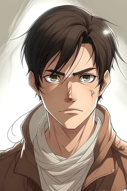 Attack on Titan in A 16-year-old boy with thick black hair and a few white strands, brown eyes, a few pimples on his face, and a round face. For a tinager