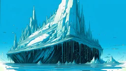 A digital serigraphy by Moebius and Myazaki of a submerged iceberg. Cyberpunk style.