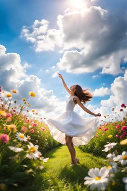 romantic environment heaven flowers clear nice clouds ,young girl gracefully dancing and whispering her lovely joy,full body shot,sharp focus, realistic.