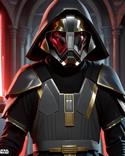 star wars bald male corellian jedi wearing gunmetal grey and black old republic armored flightsuit and breath mask with gold and metallic red trim inside the jedi temple, centered head and shoulders portrait, hyperdetailed, dynamic lighting, hyperdetailed background, 8k resolution, volumetric lighting, light skin, fully symmetric details