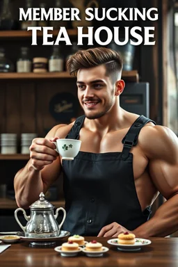 a young mechanic man with huge muscles and his top off enjoying high tea by himshelf with little cakes, with large title( MEMBER SUCKING TEA HOUSE)