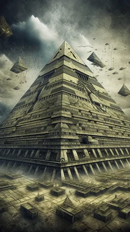 Synthography Art in Bocsh painting style nightmare of The Pyramid shape building with visual details of thousands of old Egyptian mechanical and heliographic components and symbols textures with gray clouds stormy weather in the background