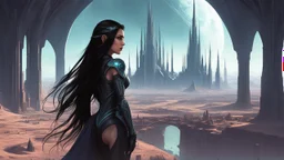 skinny sci-fi girl with long dark hair on an alien planet with tall spires, buildings, bridges, and arches