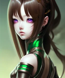 Detailed cute anime Kunoichi girl, long brown hair, green eyes, black latex bodysuit, intricate details, full body portrait, keep head in frame, slight smile, black Japanese motif, concept art, highly detailed, digital painting, concept art, sharp focus, illustration, art by Yoji Shinkawa, WLOP and greg rutkowski and alphonse mucha and artgerm and yanjun Chen and Junji ito and Makoto Shinkai, HDR, octane render