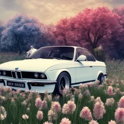 voiture blanche dans un champs de fleur, chrome, synthwave, Concept Art, couleur vibrante, Bmw