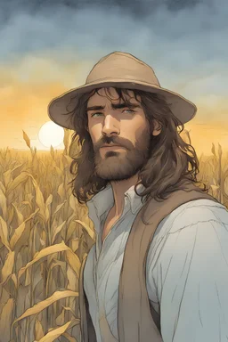 Youthful Wizard with brown hair and short brown beard in a cornfield. Corn cobs. A soft-focus image of the golden sunrise casting a warm glow, create in inkwash and watercolor, in the comic book art style of Mike Mignola, Bill Sienkiewicz and Jean Giraud Moebius, highly detailed, gritty textures,