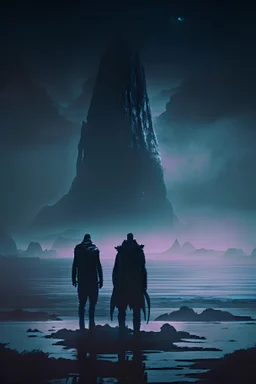 two men stand infront of a distant island, darkness, curse, mysterious, ominous, sci-fi, 4k