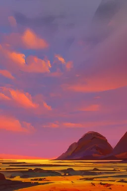 a paint of a land scape with big rocky rift and orange sky with a few clouds