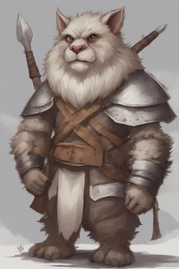 Dnd a young bugbear with WHITE fur and leather armor with swords