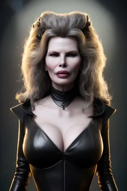 Kim Basinger as evil queen in black leather, busty, cleavage, curvy, angry, happy, stern look. character design by cory loftis, fenghua zhong, ryohei hase, ismail inceoglu and ruan jia. unreal engine 5, artistic lighting, highly detailed, photorealistic, fantasy