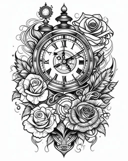 realistic time tattoo idea, line art, background, vector, svg, black outline on white background, leave plenty of white space beetween lines for coloring, tattoo style, tattoo idea,full body