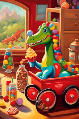 How about this: "Sweet Surprise at Playtime"? It's a still life painting featuring a toy dinosaur holding a giant lollipop like a trophy, while a toy robot sits beside it, offering a chocolate bar with a mischievous grin. In the background, a toy train chugs along, pulling a wagon filled with colorful candies. It's a delightful blend of childhood nostalgia and sugary treats, sure to bring a smile to anyone's face!