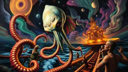 master oil painting by Rembrandt, roller coaster hypno psycho alien squid with rasta wig breast feeding with some bad ass power off shore oil platform cyber punk people experiencing gravity at its worst, pin hole cam, twisted perspective, goa trance music poster, awake within a psychedelic mushroom dream, with some motion blur background, and hyper depth perception layout