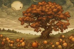 An enchanting Arthur Rackham-inspired scene featuring a sprawling oak tree in a whimsical meadow surrounded by medlar fruit. Use bold post-impressionistic strokes to depict the vibrant colors of the meadow and the intricate details of the medlar fruit. Incorporate warm, autumnal hues, and infuse the scene with a touch of magic to convey the essence of a medlar and oak mead cider.