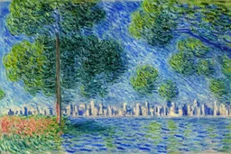 Sunny Day, futuristic buildings near the tree and lake zone, sci-fi, tendency to claude monet, realistic vision