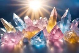 cristalli di luce azzurri e rosa e gialli con raggi di sole luminosi