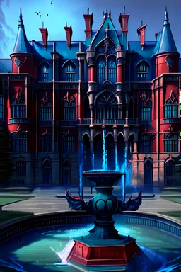 L'école red mariposa high school , une école Luxueuse et prestigieuses, du style old money,de couleur bleue foncé émeraude avec des fontaines,très privé , réaliste ,
