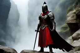 [close up high res photo by Ray Harryhausen, bokeh effect] In the mist-covered gorge, where shadows dance with whispers of ancient power, stands a lone figure clad in a tunic emblazoned with blood-red letters that read "Hellfire Knight." On his head: an iron helmet, in his hand, his sword gleams in the dim light, a weapon forged in the fires of determination and duty. He faces his destiny. As the mist swirls around him, the knight stands resolute, his gaze unwavering as he surveys the treacherou