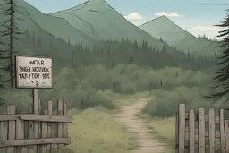 night, lookout, fence, mountain, forest, overgrown, post-apocalyptic, comic book, camp site signs