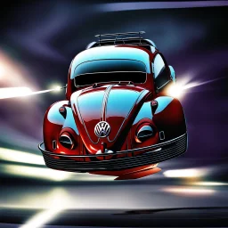 a high definition screen shot of a jet-fighter vw-beetle, retrofuturistic, phototrealism, in flight, one subject, should have wings with atleast one exposed jet on each wint or one coming throught thr front and center of the vehicle.