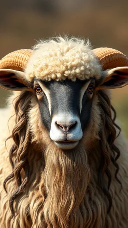 A sheep with human look face and long hair and beard looks like an ancient Sumerian gods