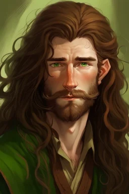 Hobbit, braune lange wilde Haare, große, dicker Nase, gepflegter kurzer Bart, kein Vollbart, grüne Augen, hübsch, sehr jung (etwa zwanzig Jahre) , Druide
