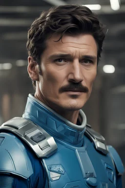 The actor Pedro Pascal in a blue sci fi uniform and freshly shaved