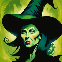 Pop portrait, abstract profile portrait of the green Wicked Witch of the West, with a dramatic shadow of her face and hat behind her, shadowing and dramatic, surrealism, horror art, hand drawn and painted, airbrush, vintage horror poster, yanjun cheng, gustave dore, spiraling, andy warhol, tony diterlizzi, kiki smith, aubrey beardsley, josan gonzalez, james jean, dorothea tanning, frank frazetta, seb mckinnon, gustave dore, behance hd