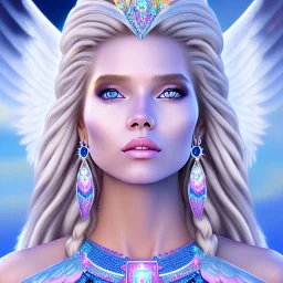 portrait of a beautiful aztecan woman with an angel face smiling,long blond hair, blue eyes, pink and blue dress, jewels, soft light aura