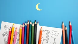 A bunch of colored pencils in the middle of the image and children's drawings and the image of the crescent moon at the top of the image on a light and dark blue background suitable for children