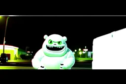 low res, low quality dashboard cam, high film grain, anthropomorphic evil angry frowning fanged marshmallow man hiding behind a dumpster caught in headlights in a Wal-Mart parking lot on a foggy night, found footage horror, low contrast, night vision, static haze