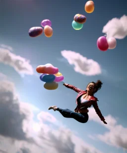 Ultra realistic speed clouds sky scene, wide angle view, sweet women falling down, Childs, feather inflatable color clothing, free jumping flying, many trinkets, hair monster, many jelly beans, balls, color smoke, smile, happy, circus style, extreme, wind, clouds sea, 20,000 feet altitude, stratosphere, soft color, highly detailed, unreal engine 5, ray tracing, RTX, lumen lighting, ultra detail, volumetric lighting, 3d, finely drawn, high definition, high resolution.