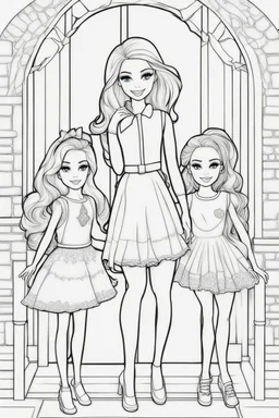 outline art for kids barbie coloring pages with barbie with her 2 friends , no background, sketch style, full body, only use outline, mandala style, clean line art, white background, no shadows and clear and well outlined. should look exactly like barbie