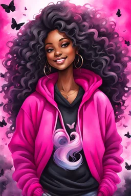 vibrant watercolor painting image, airbrush, 48k, cartoon art image of a black curvy female looking to the side smiling with a large mane of curly ombre hair flowing through the wind while she has a hot pink hoodie on, prominent makeup with hazel eyes, highly detailed hair, background hot pink and BLACK BUTTERFLIES surrounding her, dystopian charcoal