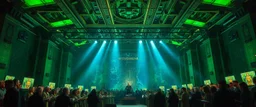 master oil painting by Rembrandt, giant industrial halls green tube lighting choir vocals ancient-celtic-meets-cyberpunk imagery synchronized mechanical drumming flickering CRT screens saying SYSTEMA STABILE