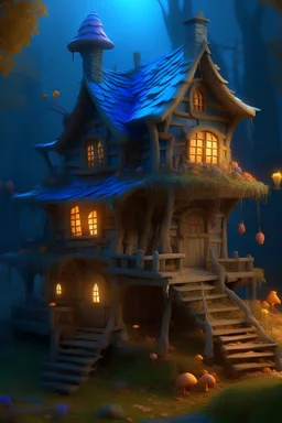 a witch house in the woods made of gingerbread, cerulean frosting, and pastel candies, 8k, flickering light, centered, high-quality, fine-detail, digital art, detailed matte, volumetric lighting, illustration, 3D octane render, brian froud, howard lyon, greg rutowski, alphonse mucha