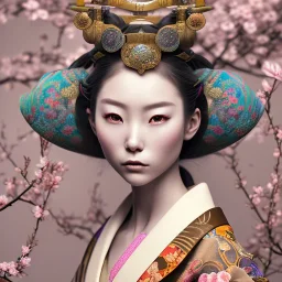 close up of stunning, gorgeous Japanese woman in traditional kimono with intricate jewels in hair, cherry blossoms, fog and mist, 8k, high-quality, fine-detail, intricate, detailed matte, digital art, soft, dreamy, brian froud, howard lyon, selina french, anna dittmann, Greg Rutowski, anne stokes, alphonse mucha