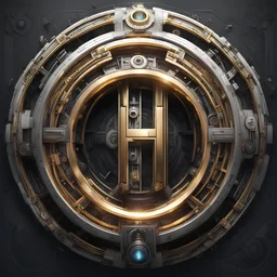 create me a large, centered letter H encased in a thin round, ornate golden ring. metallic,silver accents can be used. mechanical futuristic space cyberpunk style. extra electrical and pneumatic details, robot arms, laserguns. think dyson sphere, warp core, plasma couplings, maybe on the side of a spaceship. background should be #000000 full black.