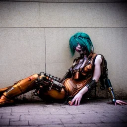 Rusty female steam punk cyborg laying in the streets near trash sad and lonely, crying,suit is falling apart,neon lights,Tim Burton,sexy, beautiful, glowing,