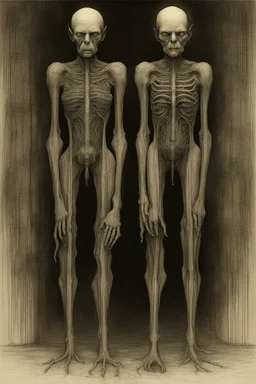 The full body of two fat old men , a thin line draw ، the 2 vast with two heads , front view camera, decayed and rotting with grotesque proportions and imagery. surreal horror, biomechanical design, by hr giger and beksinski , fine lines draw