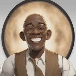 a portrait of smiling man. caricature. black rare hair. dark brown skin. black eye pupils. circle eyeglasses, thin gold frame. rectangle face shape. white shirt with black vest. pixar style. 3D. 4k. portrait. highly detailed. sharp focus. high resolution. full color. cinema lighting